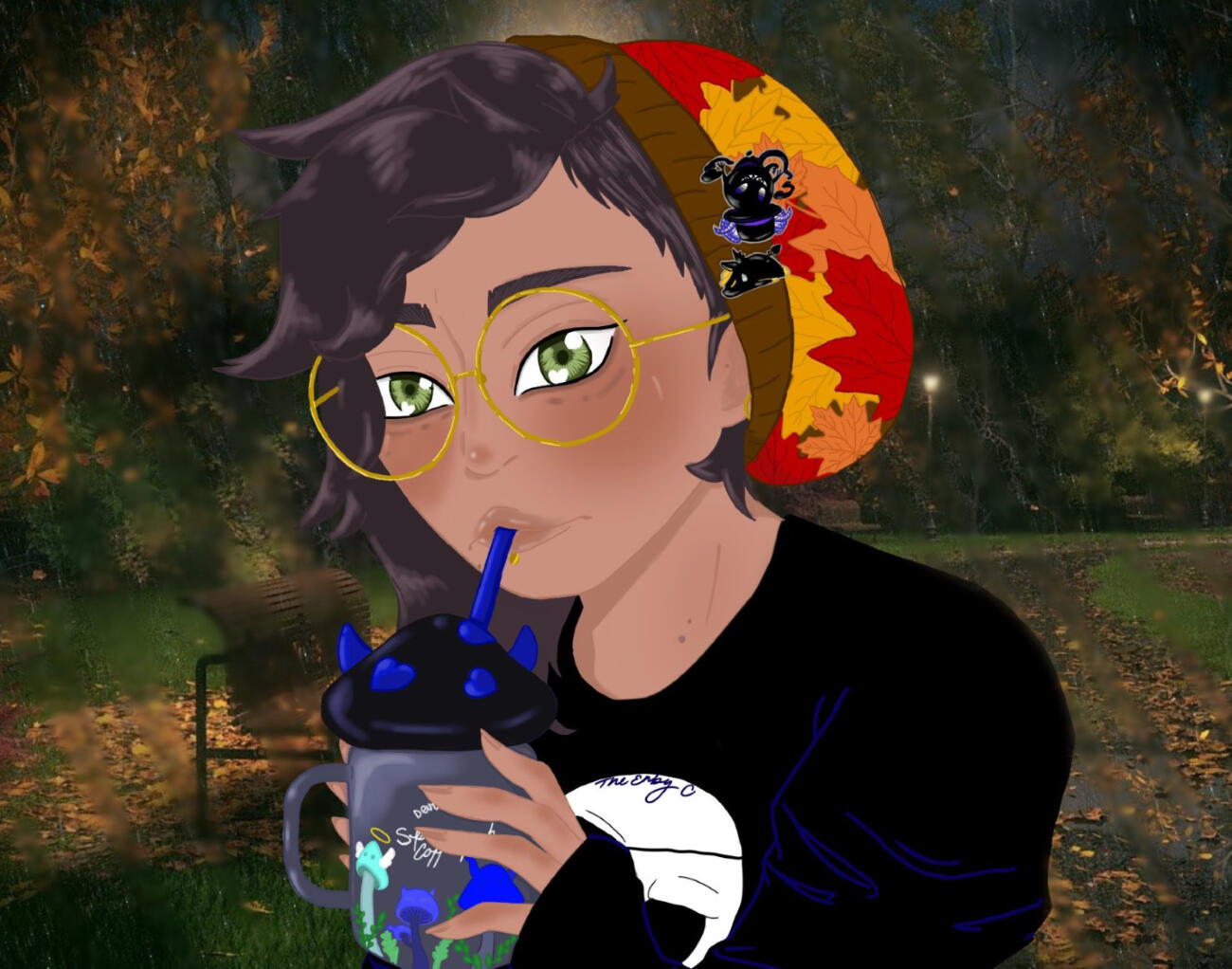 Art by @theenbyc on Twitter. Cybil B (fictional character) with brown, curly hair and a red/orange/yellow/brown slouchy beanie hat; gold, circular glasses and green eyes; mushroom-themed mug with a straw; walking along a darkened park path as it rains.